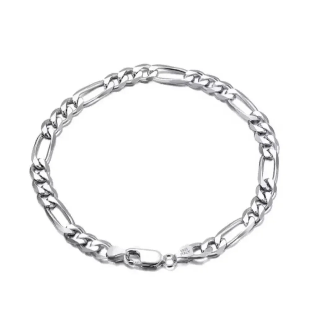 NEW Rhodium Plated 925 Sterling Silver‎ Figaro Chain Bracelet, 8”